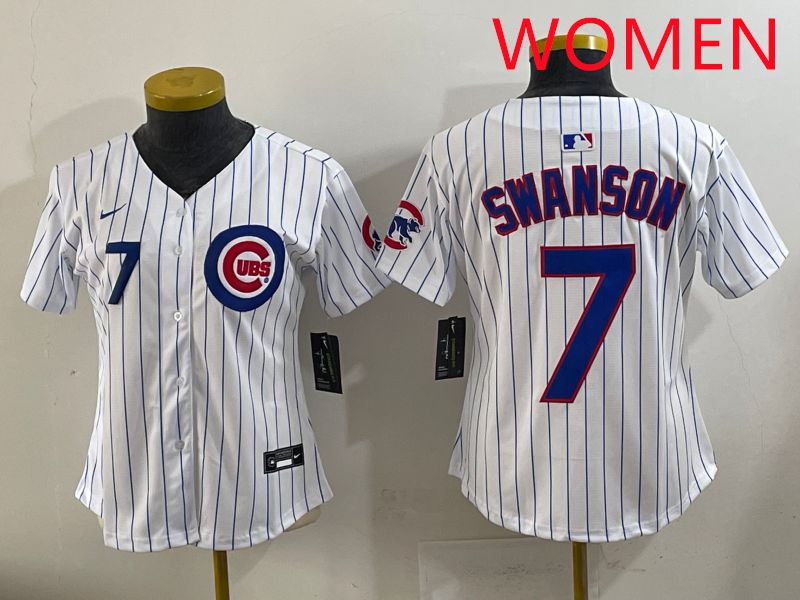 Women 2025 Chicago Cubs #7 Swanson White Stripe Game Nike MLB Jersey style 2->women mlb jersey->Women Jersey